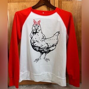 Red & White Raglan Sweatshirt with Hen Graphic - Small